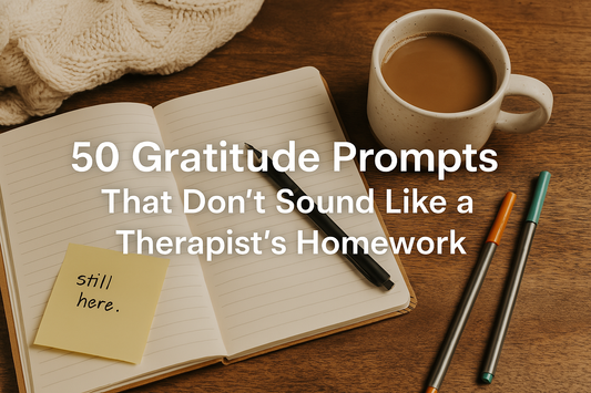 A cozy journaling scene with an open notebook, coffee mug, and warm lighting, illustrating the blog "50 Gratitude Prompts That Don’t Sound Like a Therapist’s Homework" — ideal for real, grounded, and non-cliché gratitude journaling